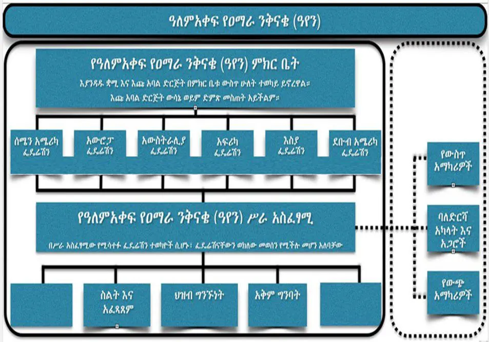 A blue and white flowchart with the names of each section.